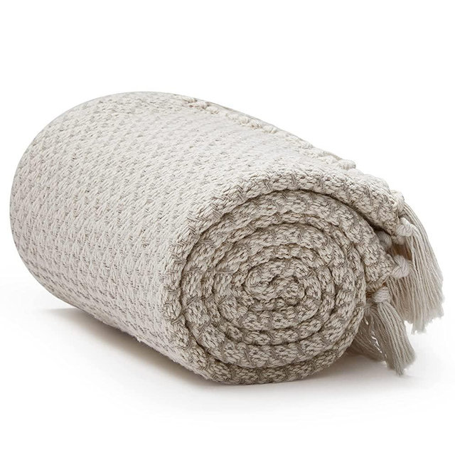 Americanflat 100% Cotton Throw Blanket for Couch - 50x60 - All Seasons Neutral Lightweight Cozy Soft Blankets & Throws for Bed, Sofa or Chair. Indoor or Outdoor [Cream Beige Birds Eye]