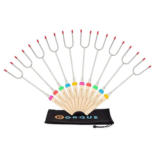 CORQUE Marshmallow Roasting Sticks, Smores Sticks, Extendable, Camping Skewer for Fire Pit, Wooden Handle, 34 inch Metal for BBQ Hotdog, Cooking, Campfires, Bonfires, Set of 10 [New Model]