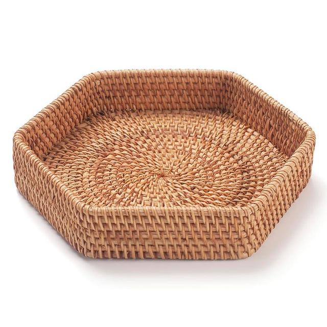 Hexagon Rattan Serving Tray for Coffee Table Woven Decorative Basket Trays for Ottoman Natural (8.7Inch x 1.8Inch)