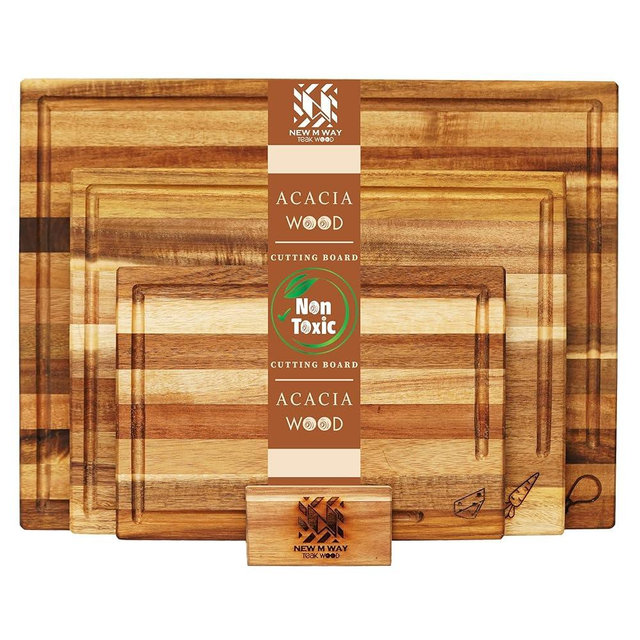 Acacia Wood Cutting Board Set of 3 with Stand, Thick Butcher Block Boards w/Deep Juice Grooves for Meat Prep & Serving, Premium Solid Hardwood, Non-Toxic, BPA-Free by New M Way