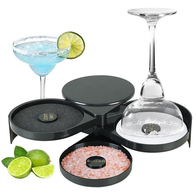 weyleity 3-Tier Bar Glass Rimmer Bartender Tool with Sponge | Margarita Salt Rimmer Set with 3-Tray, Black Plastic Salt Sugar Lime Juice Rimmer Box for Cocktails Margaritas