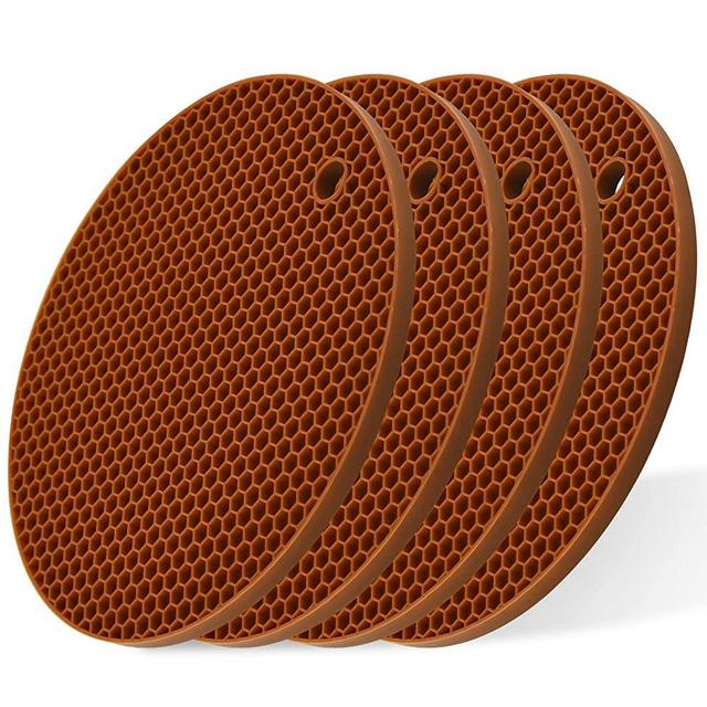 Smithcraft Brown Silicone Trivets Mats Round Pot Coaster,Jar Opener and Spoon Rests, (Set of 4) Non Slip Placemats, Flexible, Durable, Dishwasher Safe Heat Resistant Hot Pads