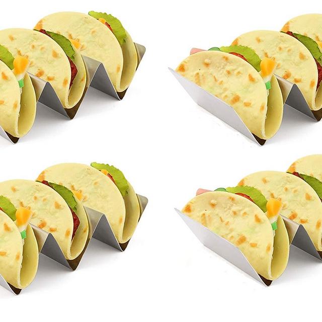 Food Grade Stainless Steel Taco Holder Stand, Taco Truck Tray Style, Rack Holds Up to 3 Tacos Each, Oven Safe for Baking, Dishwasher and Grill Safe, 4" x 8" 4 Pack