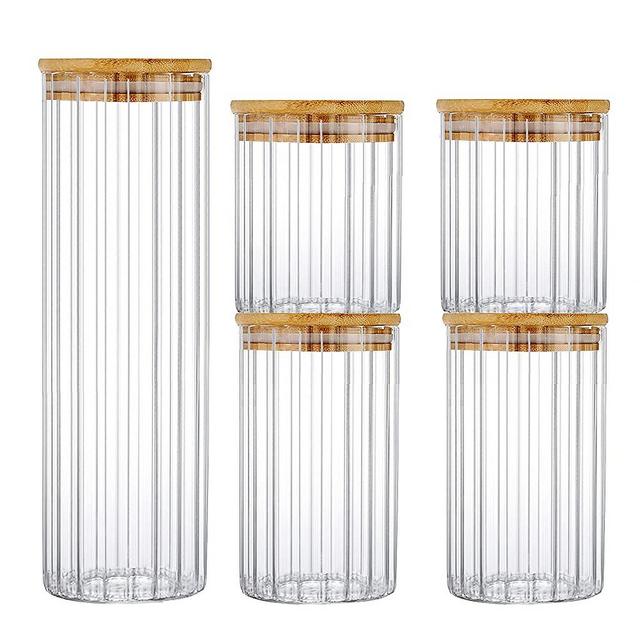 Glass Storage Jars Set of 5, Decorative Coffee Bar Canister Home Kitchen Stackable Container with Airtight Bamboo Lid for Candy, Cookie, Pasta, Nuts, Oatmeal and Bathroom Salt