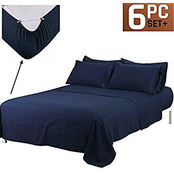 Sfoothome Bed Sheet Set With 4 Sheet Clips - Deep Pockets - 2 Extra Pillow Cases - Wrinkle,Fade,Stain Resistant - 6 Pieces ( King ,Navy Blue)