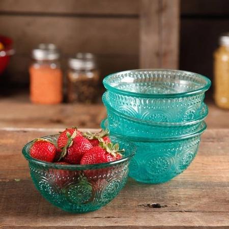 The Pioneer Woman Adeline 4-Piece 13 oz Emboss Turquoise Glass Bowl