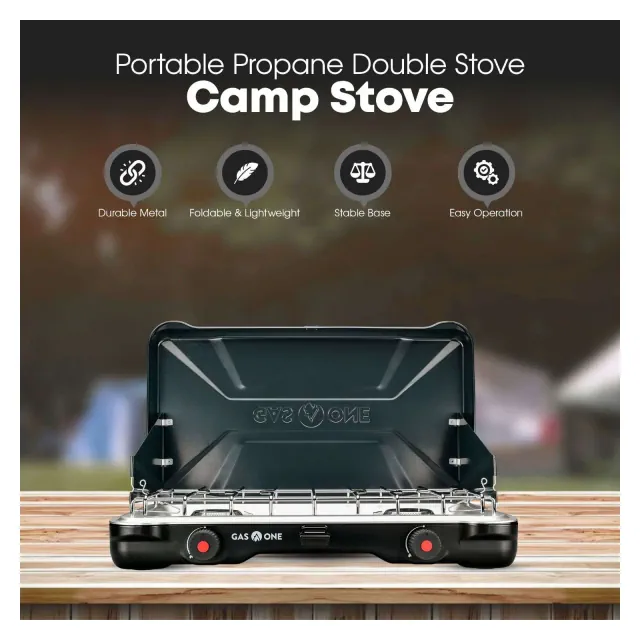 GasOne PS-2500MBA Portable Camping Stove - Double Propane Stove with Auto Twist Turn Ignition 22,000 BTU Camping Cooktop with 2 Burners and Wind Guard