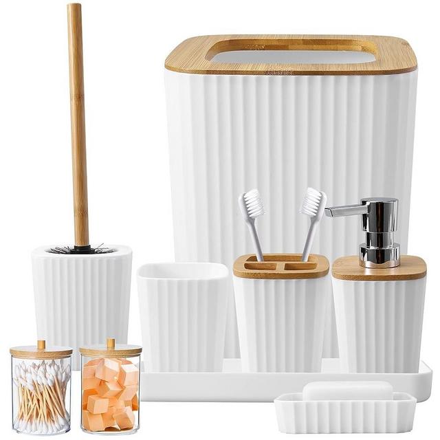 Bathroom Accessory Set, 9-Piece White Bamboo Bathroom Set with Tray, Soap Dispenser, Toothbrush Holder, Toothbrush Cup, Soap Dish, Toilet Brush, Trash Can and Q-tip Holders for Bathroom/Housewarming
