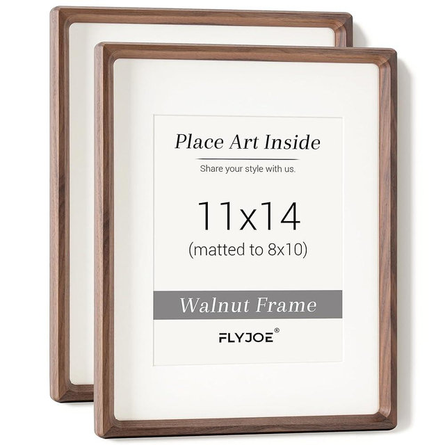FLYJOE 11x14 Picture Frame Set of 2, USA-Sourced Walnut Wood Photo Frame with Tempered Glass, Handcrafted Rounded Corner 11 x 14 Wooden Frame Matted to 8x10 Photos, Wall or Tabletop Display