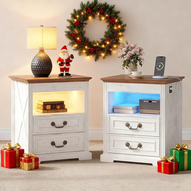 Dystler Night Stand Set 2 with Gun Drawer, Bedside Tables with LED Light & Human Sensor, Nightstands Gun Safe with 2 Drawers for Bedroom, Farmhouse End Table with Charger Station, Antique White