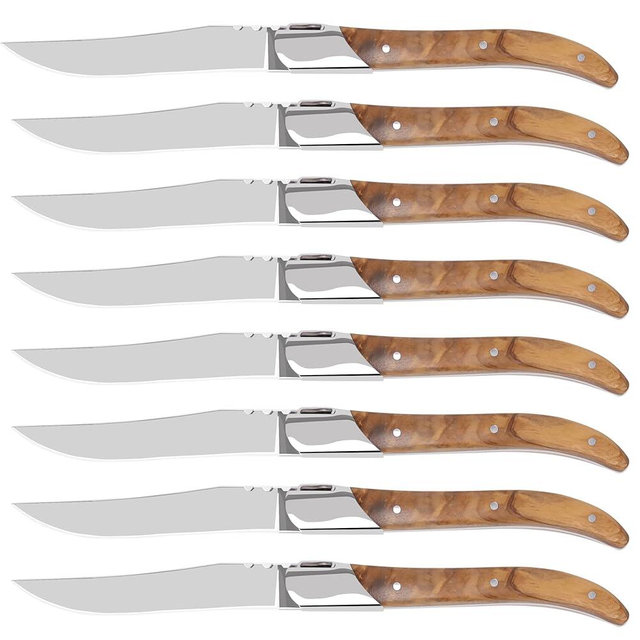 LUVCOSY Laguiole Style Steak Knife Set of 8, Non-serrated Steak Knife Set with Olive Wood Handle, Sharp Stainless Steel Steak Knives with Gift Box, Dinner Cutlery Set for Home Party