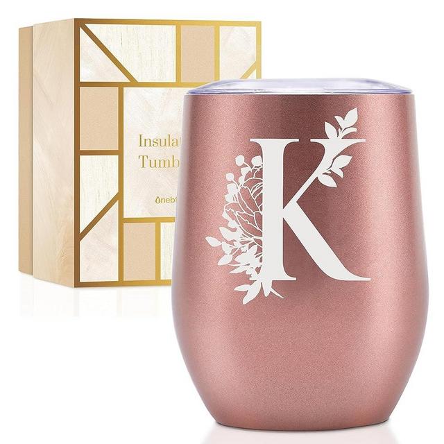 Onebttl Personalized Tumblers with Lids for Women, Monogrammed Coffee Cup with Initial K, Gifts for Her, Girls, Bridesmaids, Friends, Sisters, Mom, Rose Gold