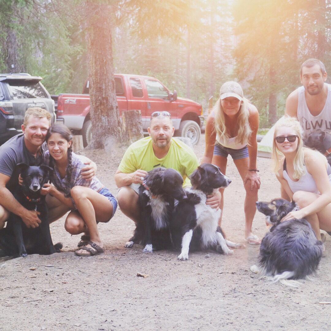 Family camping trip 2017 (left to right: Andy & Taylor, Chris & Jeanne, Chad & Alexa) (dogs left to right: Indy, Ace, Jude, & Kiki)