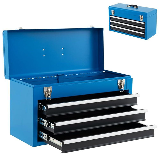 Goplus Tool Box with 3 Drawers, 4-Tier 20.5" Portable Tool Chest Organizer with Top Tool Tray, Auto Lock, Protective Liner, Handle, Steel Metal Small Toolbox for Gargae, Workshop, Home