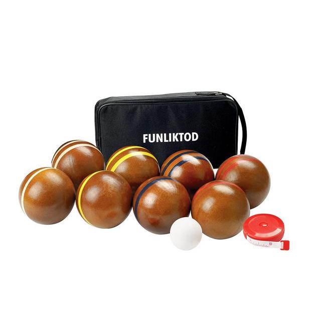 Funliktod Hardwood Bocce Ball Set with 8 Wooden BallsWhite Pallino Carry Case Measuring Tape for Family Outdoor Lawn Beach Backyard Games (2.95')