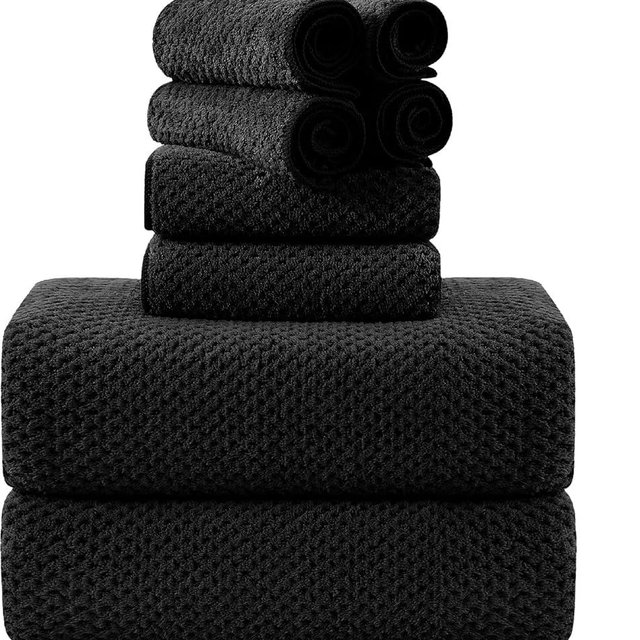 8-Piece Bath Towel Set, 2 Extra Large Bath Towel Sheets, 2 Hand Towels and 4 Washcloths - Highly Absorbent Quick Dry Microfiber,Ultra Soft Towel Set for Bathroom,Waffle Weave Design, Pack of 8 (Black)