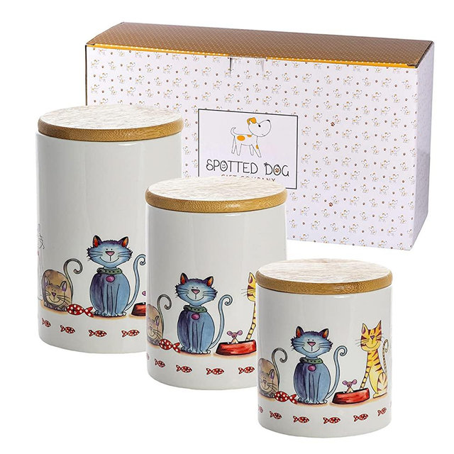 SPOTTED DOG GIFT COMPANY - Ceramic Kitchen Canisters with Bamboo Lids – Airtight Canister Sets Food Storage Jars, Decorative (Set of 3), Cat Themed Gifts for Animal Lovers