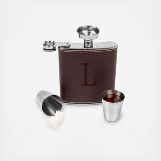 4-Piece Personalized Brown Leather Flask Set