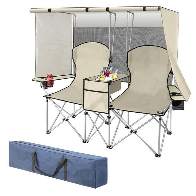 MKSY Double Beach Chair with Canopy Shade,Heavy Duty Camping Chair for Aduls,Folding Beach Chair with Cup Holder Cooler Bag for Sports Beach Outside（White）