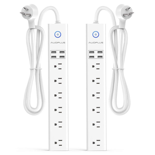 2 Pack Surge Protector Power Strip - 10FT Long Extension Cord with Multiple Outlets, 6 Widely Outlets 4 USB Charging Ports, Flat Plug Overload Surge Protection, Wall Mount for Home, Office ETL Listed