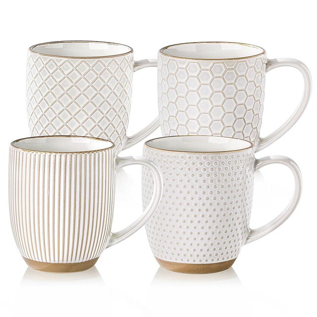 GBhome Large Coffee Mugs Set of 4, 16oz Handmade Embossed Coffee Mugs Set with Large Handle for Cappuccino/Latte/Tea/Hot Cocoa, Dishwasher & Microwave Safe, Off White