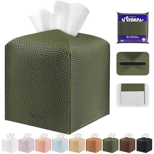 PARIERIS Tissue Box Cover Holder Square Tissue Cube Cover PU Leather Tissue Organizer with Bottom Belt for Bathroom, Tabletop, Car, Night Stands, Office, Home, Kitchen (1, OliveGreen)