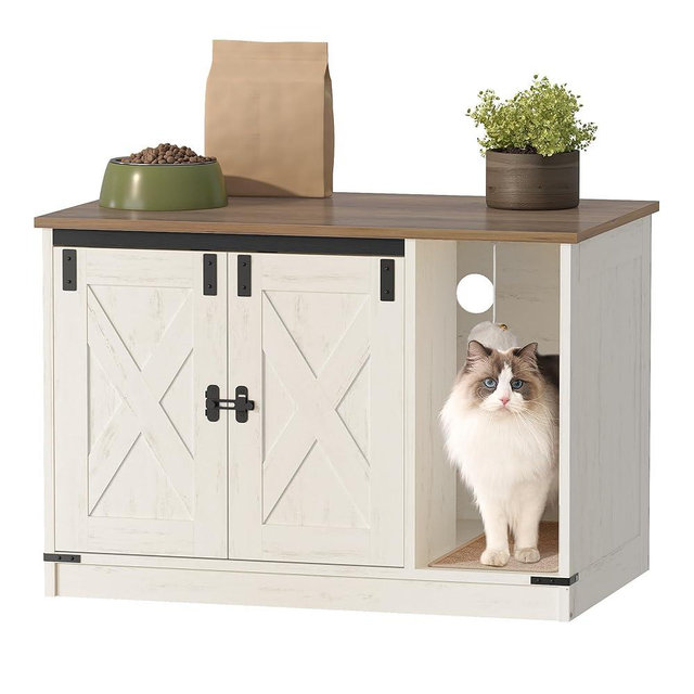 Hzuaneri Cat Litter Box Enclosure, Hidden Litter Box Cabinet Furniture with Cat Bell, Indoor Cat House, Farmhouse Style, 31.5 x 19.7 x 20.9Inches, for Hallway, Bedroom, Rustic Brown and White CB82414X