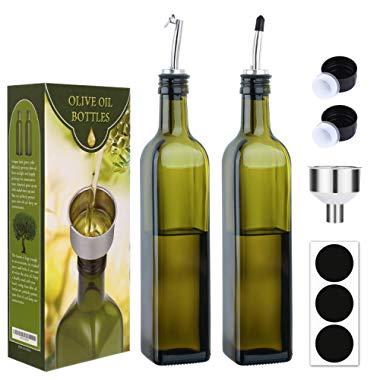 [2 PACK]Aozita 17 oz Glass Olive Oil Dispenser Bottle Set - 500ml Dark Green Oil & Vinegar Cruet Bottle with Pourers, Funnel and Labels - Olive Oil Carafe Decanter for Kitchen