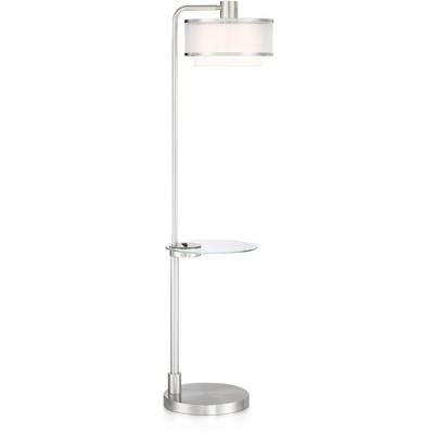 Possini Euro Design Modern Floor Lamp with Table Brushed Nickel Silver Organza Double Shade USB Charging Port for Living Room