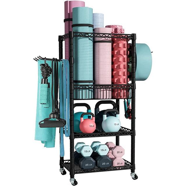 FUTASSI Yoga Mat Storage, 3-Tier Home Gym Storage, Workout Equipment Holder with Wheels for Yoga Strap, Foam Roller, Small Dumbbells, Kettlebells, 28.3"W x 11.8"D x 47.4"H, Weight Hold 300 LBS, Black