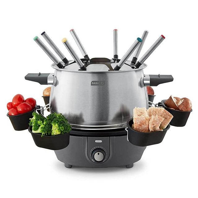 Dash DFM250GBGY04 Deluxe Stainless Steel Fondue Maker with Temperature Control, Forks, Cups, and Rack, with Recipe Guide Included, 3-Quart, Non-Stick, Grey
