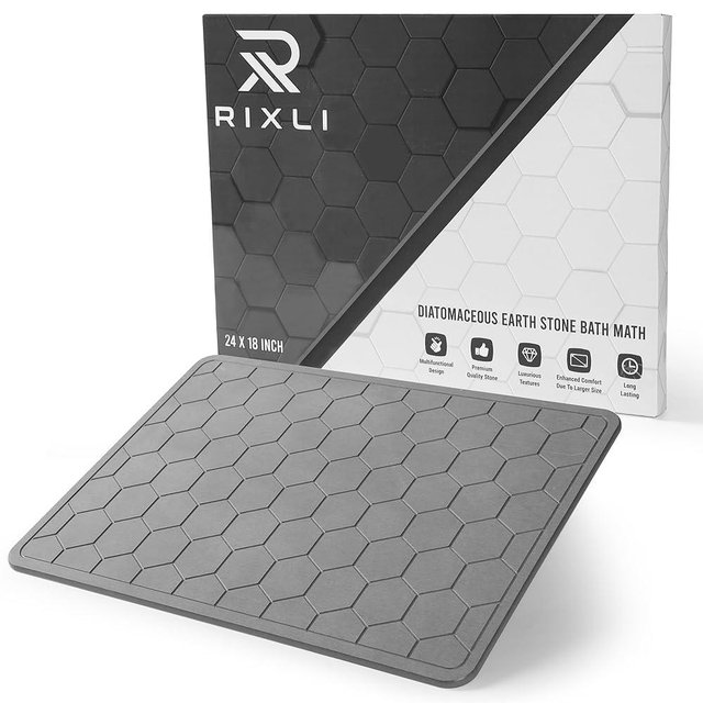 RIXLI Diatomaceous Earth Stone Bathmat | Eco-Friendly XL Stone Bath Mat 18x24 Inch. Instant Dry Bathroom Mat with Sandpaper & Pads. Multiuse, Kitchen Counter & Stone Dog Bowl Mat. 1 Piece Grey