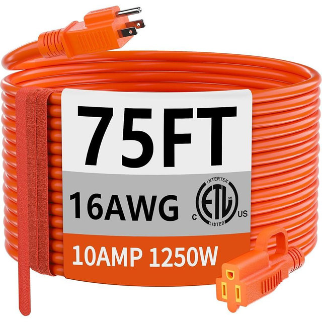 huanchain 75 Foot 16/3 Gauge Outdoor Extension Cord Waterproof, Flexible Cold-Resistant Appliance Extension Cable Outside, 10A 1250W 16AWG SJTW, 3 Prong Heavy Duty Electric Cord Orange, ETL