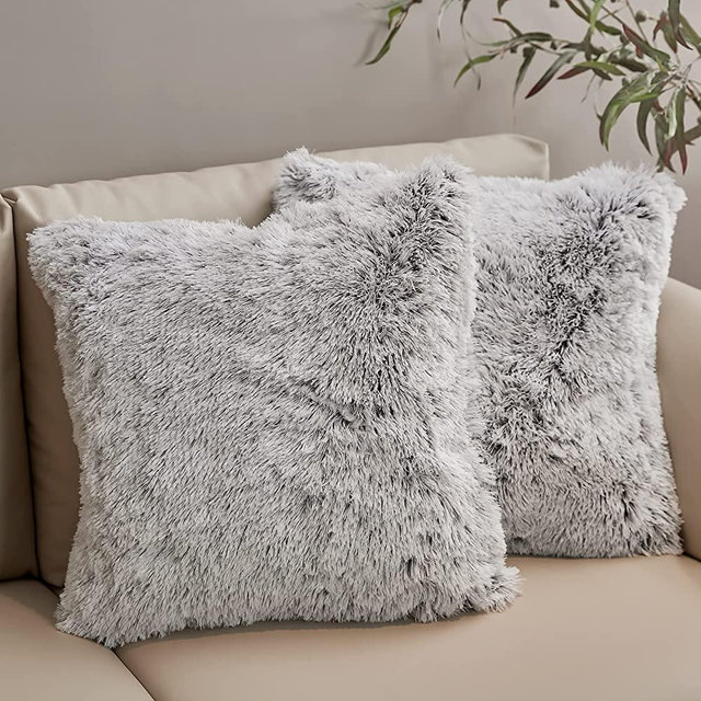 Cheer Collection Set of 2 Shaggy Long Hair Throw Pillows - Super Soft and Plush Faux Fur Accent Pillows - 18 x 18 inches, Gray Ombre