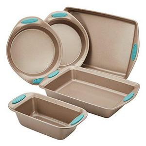 Rachael Ray Nonstick Bakeware 5-Piece Set, Latte Brown with Agave Blue Handle Grips