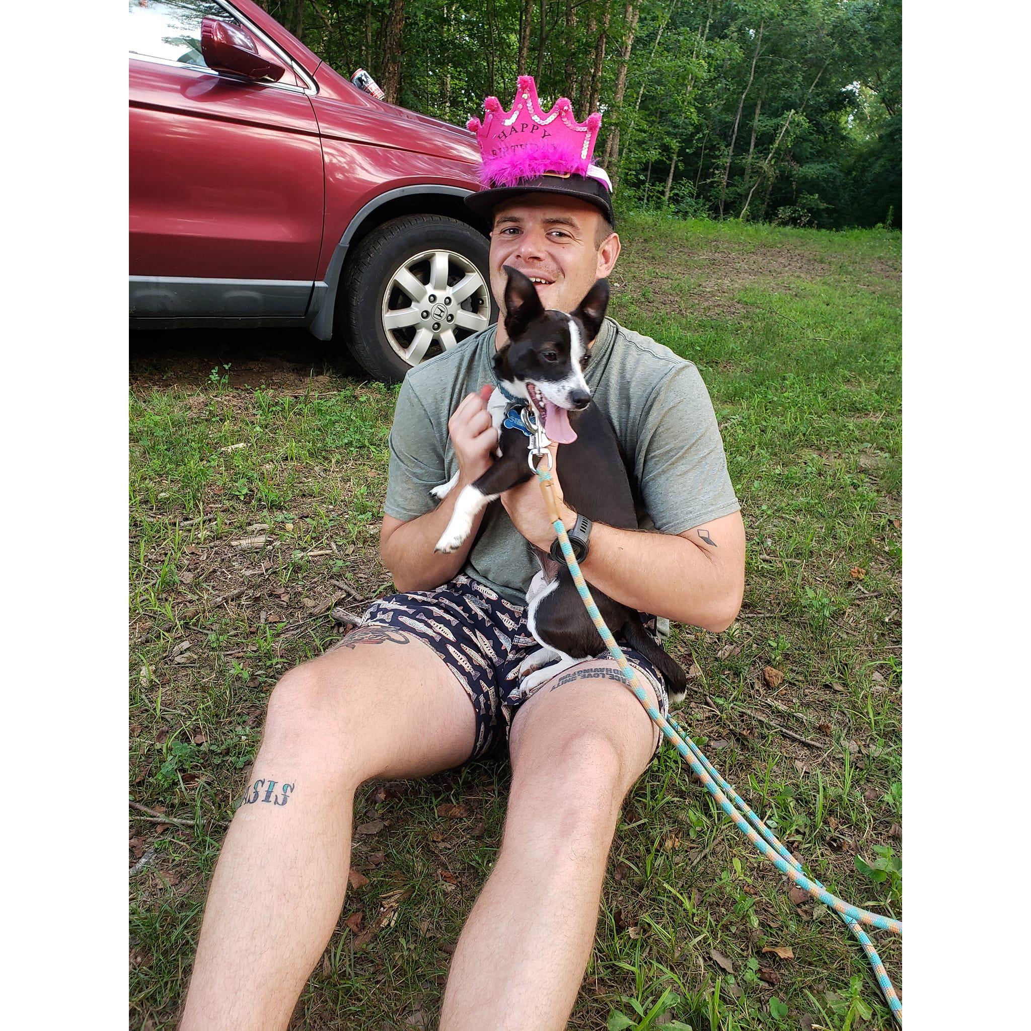 Daniel's big 30th! Camping with friends by the river in Asheville.