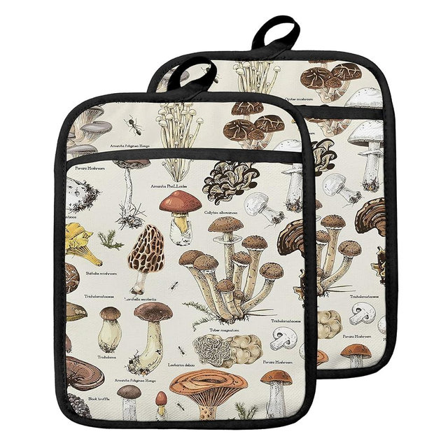 GOOZHO Mushroom Pot Holders with Pockets, Vintage Cottagecore Mushroom Oven Pot Holders Heat Resistant Oven Mitts Hot Pads for Kitchen Baking Cooking