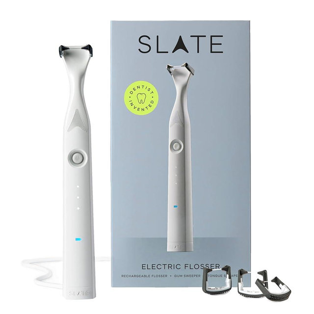 Slate Electric Flosser | 3-in-1 Dentist-Invented with Reusable Floss Heads, Gum Brushes & Tongue Scraper | More Effective Than String or Water Floss | 3-Speed Pro Electric Flosser, White