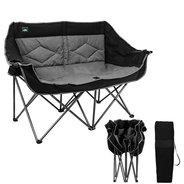 Northroad Folding Loveseat Camping Chair Portable Double Duo Full Padded Garden Sofa Chair for 2 Person w/ 2 Cup Holder,Wine Glass Holder,Support 600lbs for Outdoor Travel (Black)