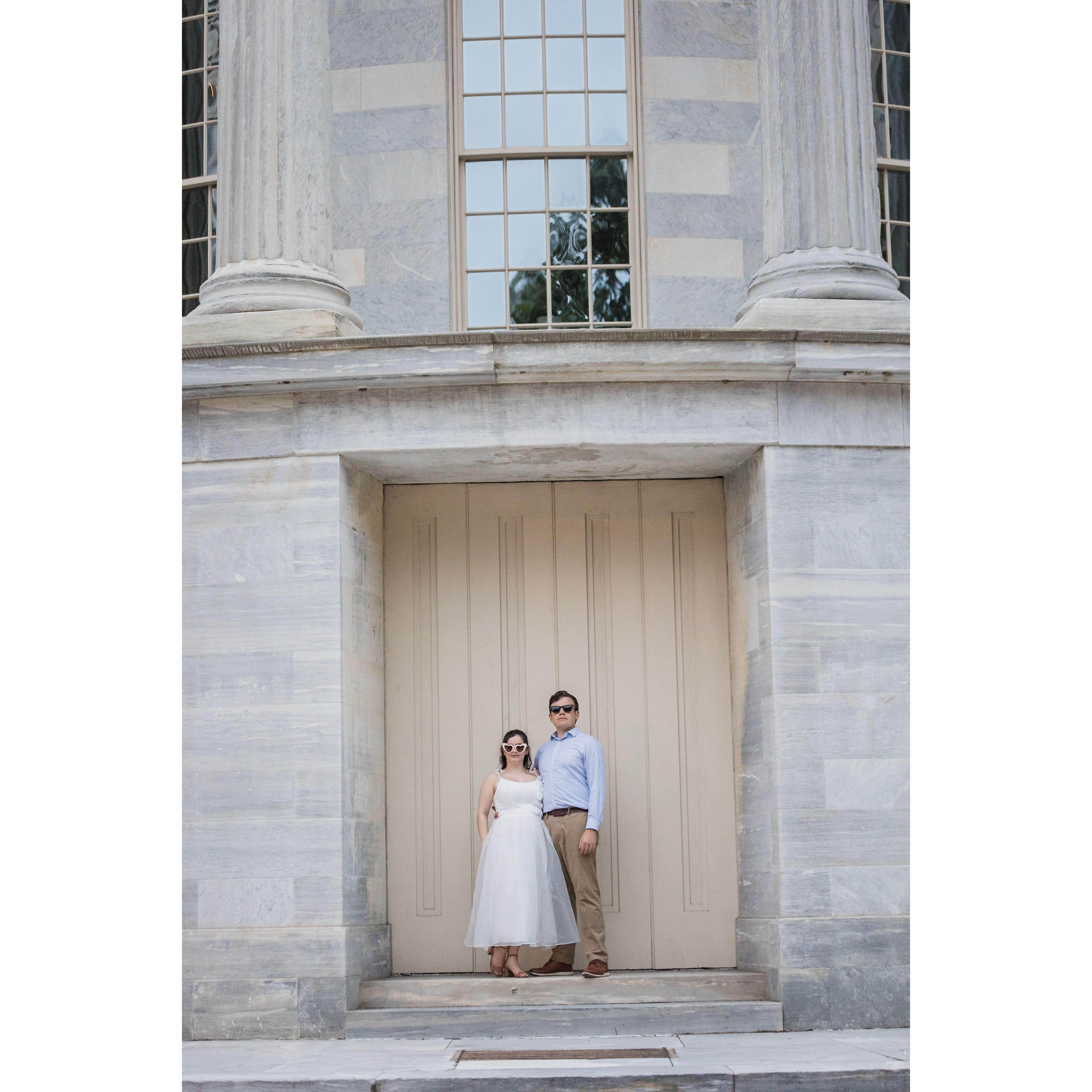 Engagement photos at the Merchant Exchange Building in Philadelphia