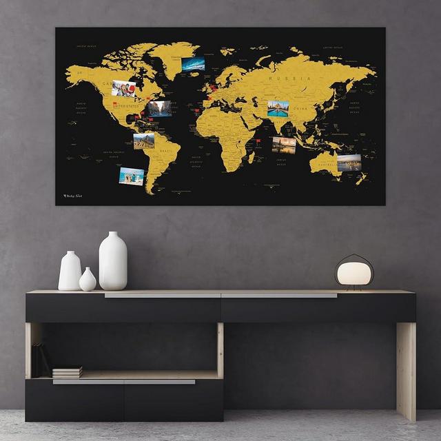 Itchy Feet World Map XXL 51 x 28 inches, Travel Pin Board with Fleece Surface in Modern Wall Art Design, 20 Flag Push Pins Included, in Gold and Black