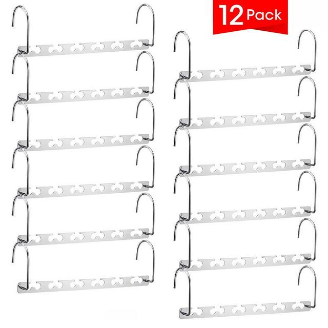 Meetu Space Saving Hangers Multifunctional Clothes Hangers Stainless Steel 6X2 Slots Magic Hanger Cascading Hanger Updated Hook Design Closet Organizer Hanger (Pack of 12)