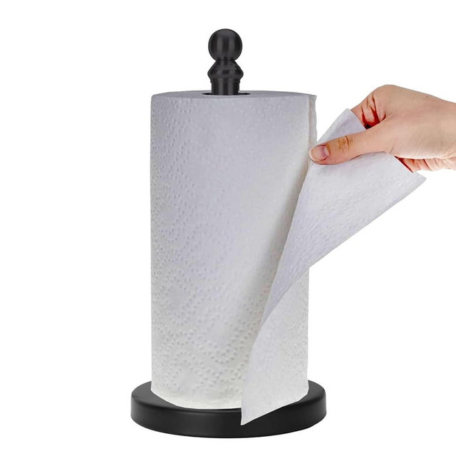 Paper Towel Holder Countertop, Standing Paper Towel Roll Holder for Kitchen Bathroom, with Weighted Base for One-Handed Operation (Black)