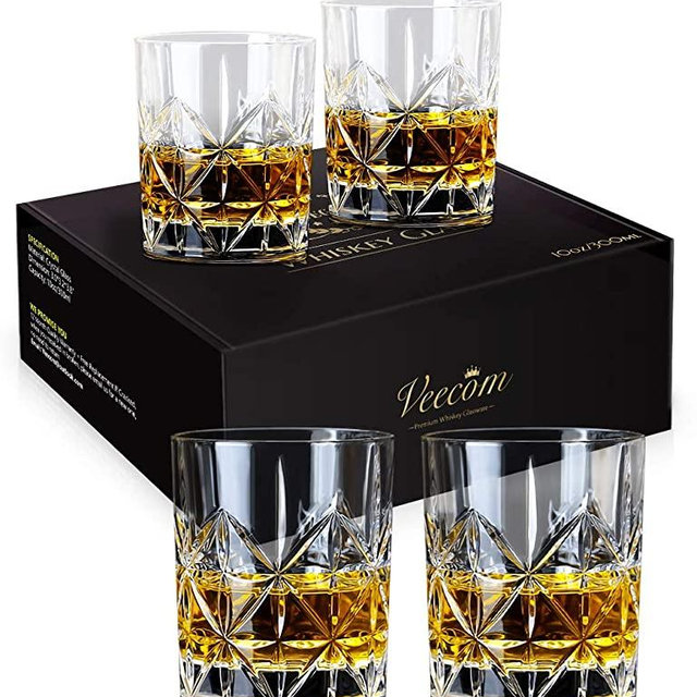 Whiskey Glass, Whiskey Glass Set of 4, Veecom 10 oz Thick Bottom Old Fashioned Whiskey Glasses for Men, Premium Whiskey Gifts for Bourbon, Scotch, Cocktail(Glass Set 4)