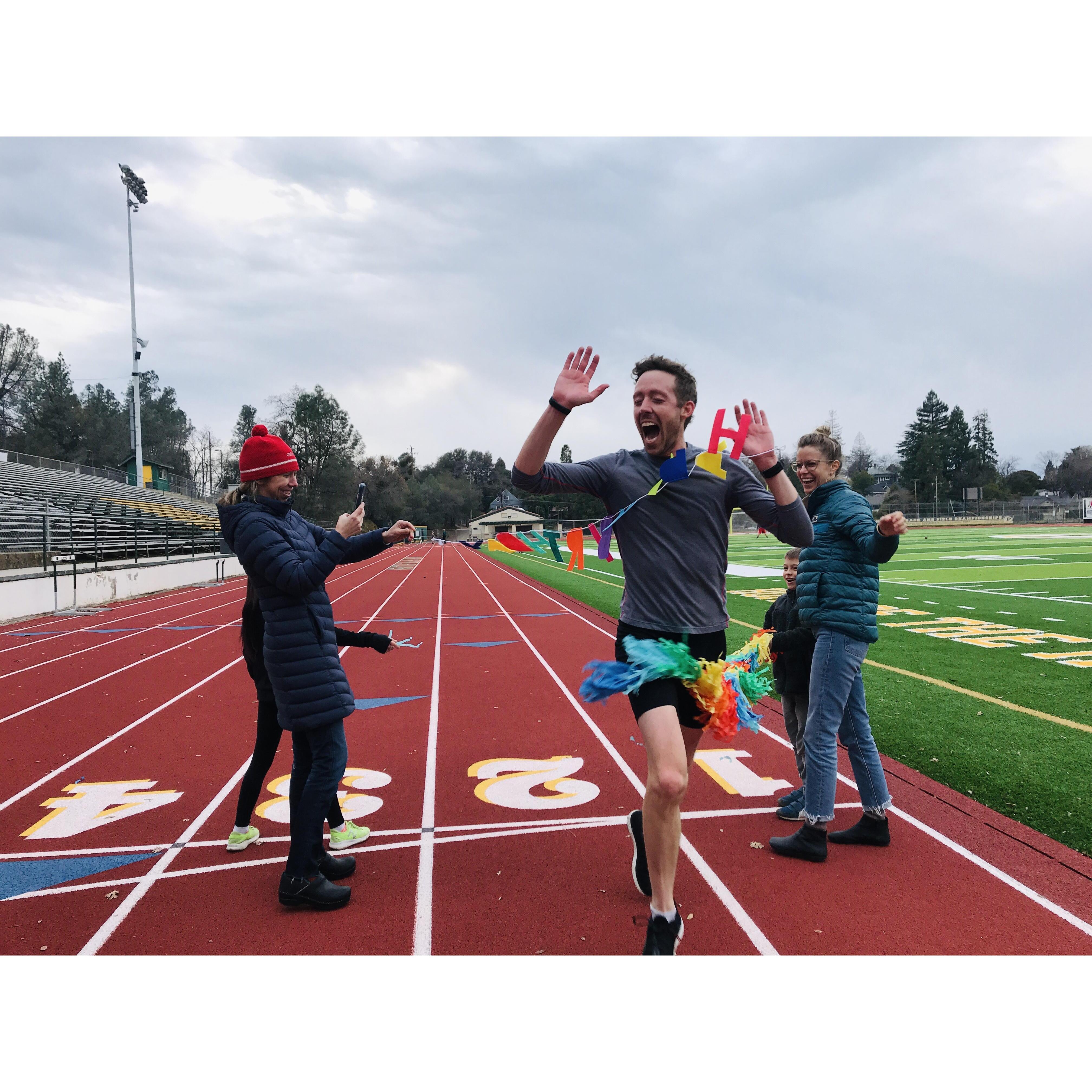Andrew was visiting Joy during his 38th birthday. Joy's family joined for his ritual birthday laps (38 200s!)