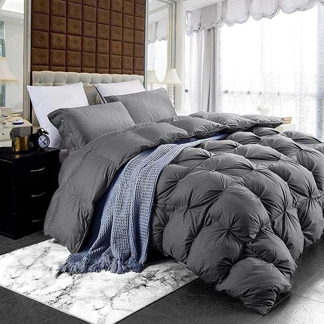 Luxurious Goose Down Feather Fiber Comforter, Exquisite Pinch Pleat Design, Oversize California King / Cal King 108 x 98 , 100% Egyptian Cotton, 75 oz Fill Weight, Gray
