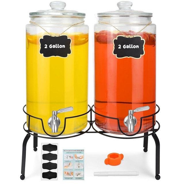 PARAISODOS 2 Gallon Beverage Dispenser 2 Pack, Stainless Steel Spigot Drink Dispenser for Parties with Stand, Clear Glass Drink Container Easy to Refill and Clean