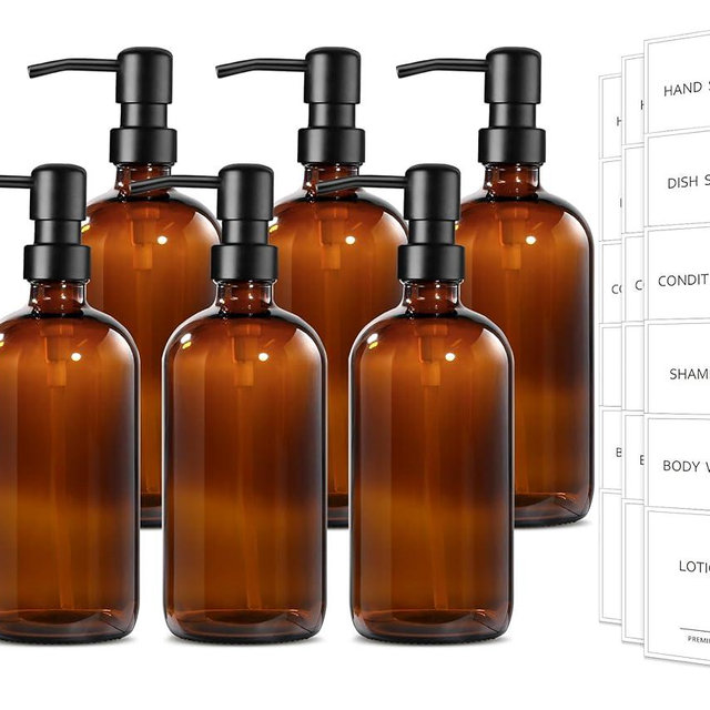 GMISUN Amber Glass Soap Dispenser, 6 Pack Bathroom Hand Soap Dispensers with Stainless Steel Pump, 17 Fl Oz Kitchen Hand and Dish Soap Dispenser Set, Modern Vintage Liquid Brown Soap Dispensers Bottle