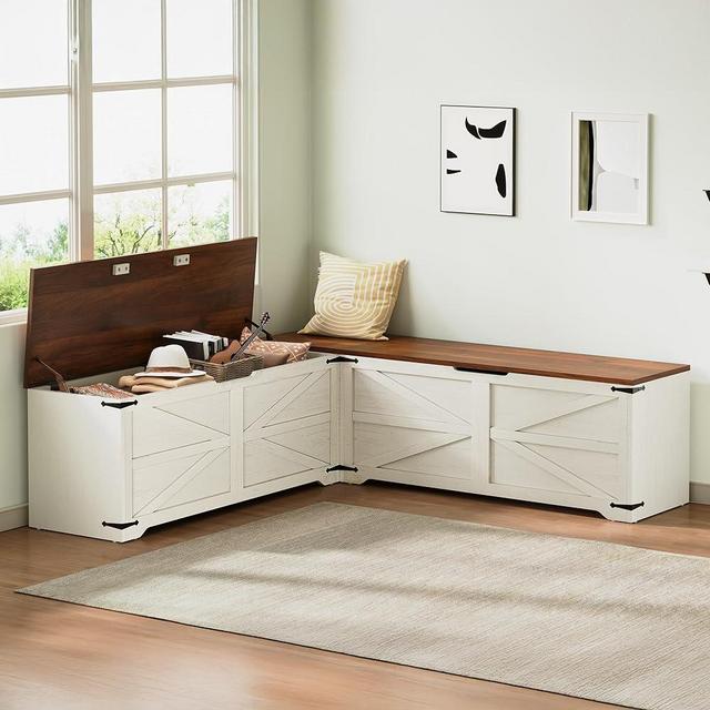 DWVO L-Shaped Storage Bench, 18" High Corner Dining Bench with Storage, Wooden Nook Storage Chest for Living Room, Bedroom