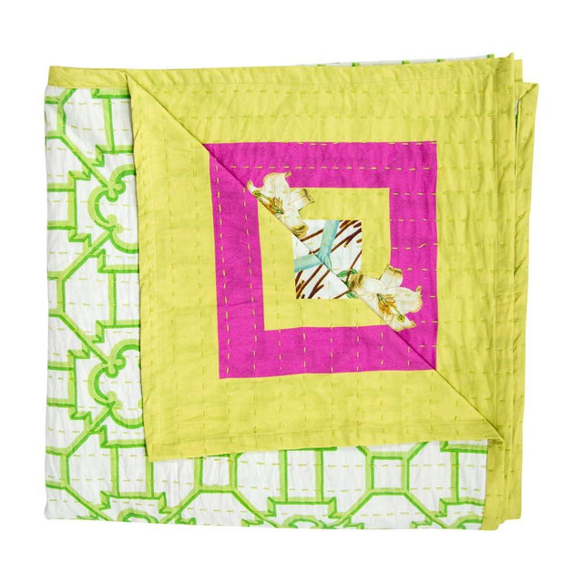 Caspari La Dolce Vita Kantha Quilt Table Cover – Sage & Lavender Floral, 100% Cotton, Handmade in India, Reversible, 70” Square